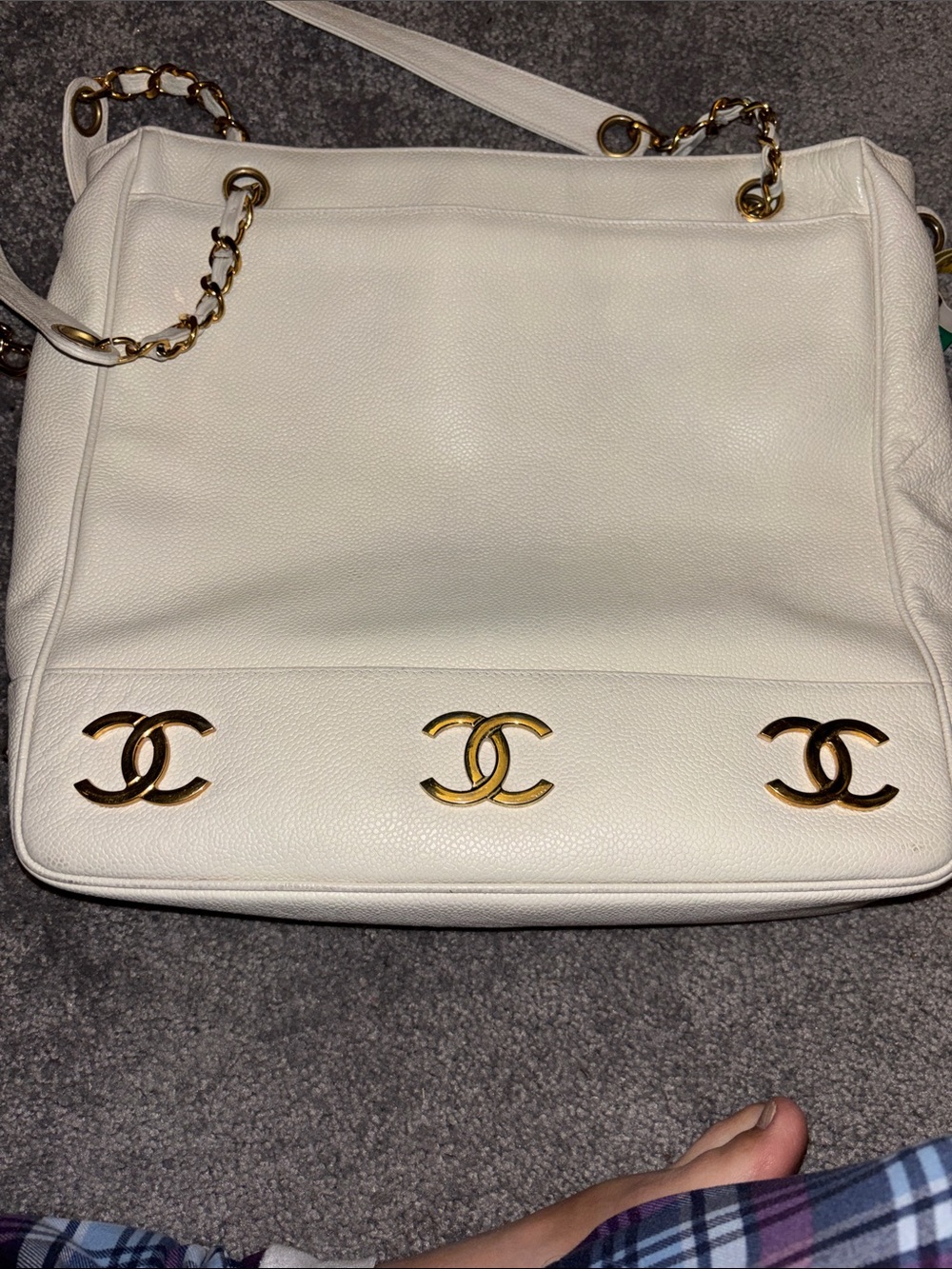 CHANEL Cream Shoulder Bag with Gold CC Logos